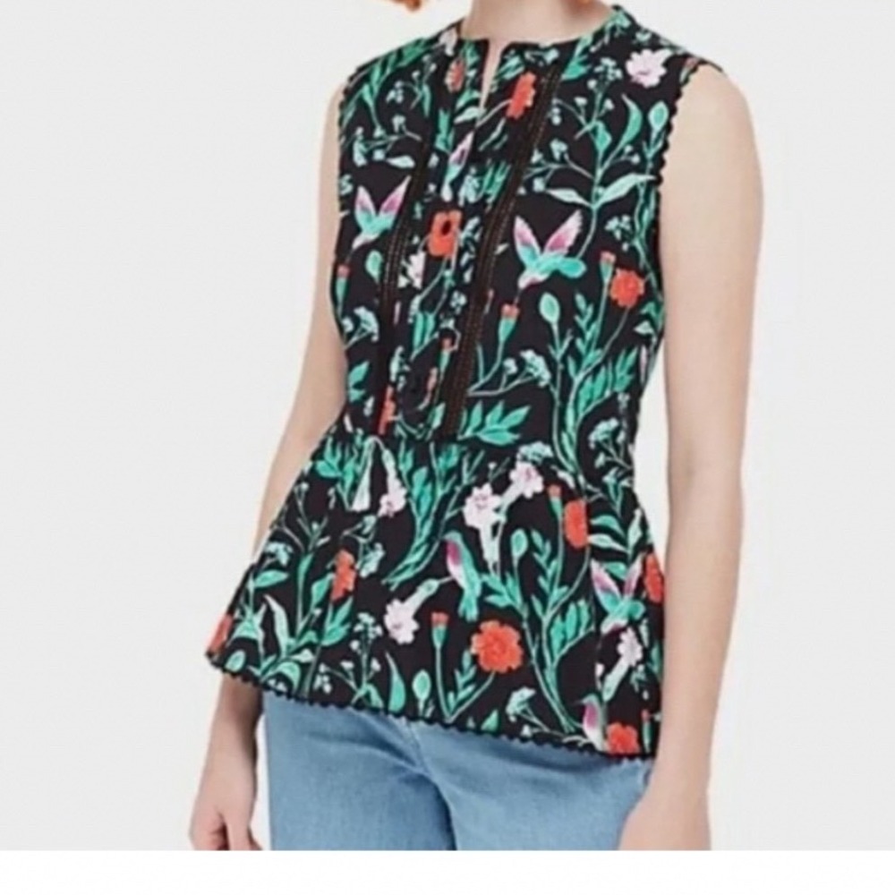 Kate Spade Jardin Poplin Floral Hummingbird Peplum Top Black XS women lace - Picture 2 of 7